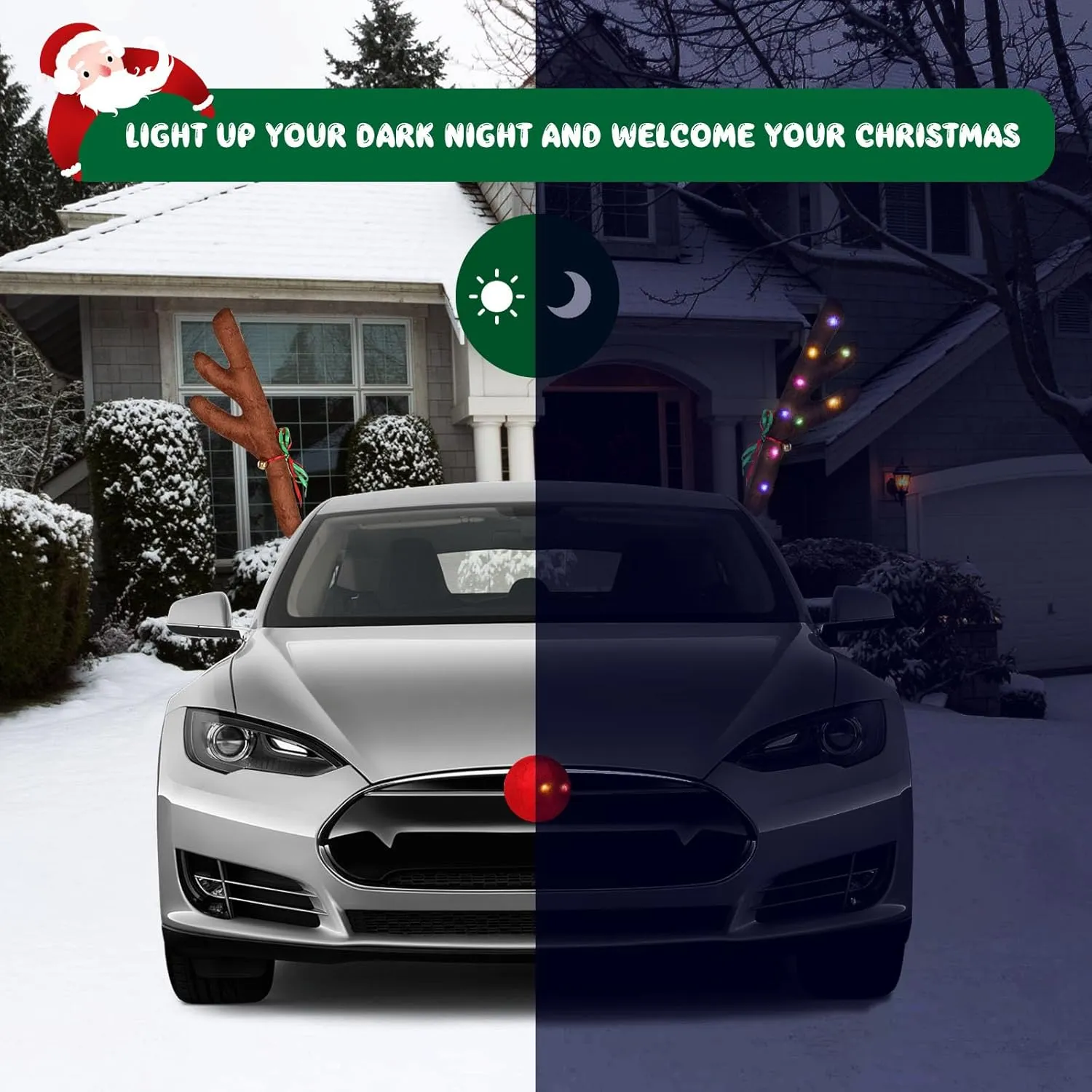 SantaRide™ Božićni komplet za ukrašavanje automobila s motivom kišnog jelena i svjetlima