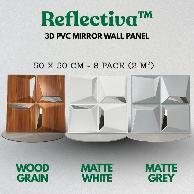 Reflectiva™ 3D panel ścienny z lustrem PVC 50 × 50 cm – zestaw 8 szt.