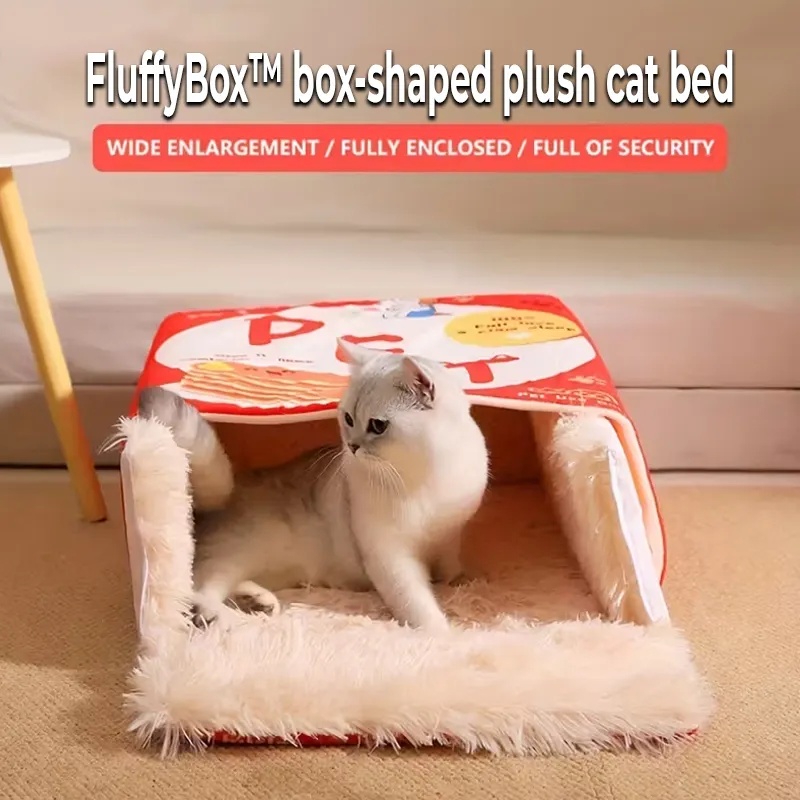 FluffyBox™ pat pentru pisici, în formă de cutie, din pluș