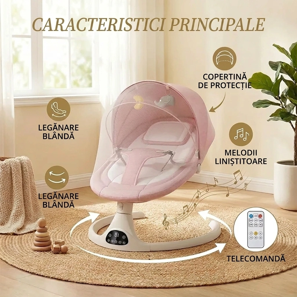 Balansoar electric cu telecomandă pentru bebeluși RockyBaby™